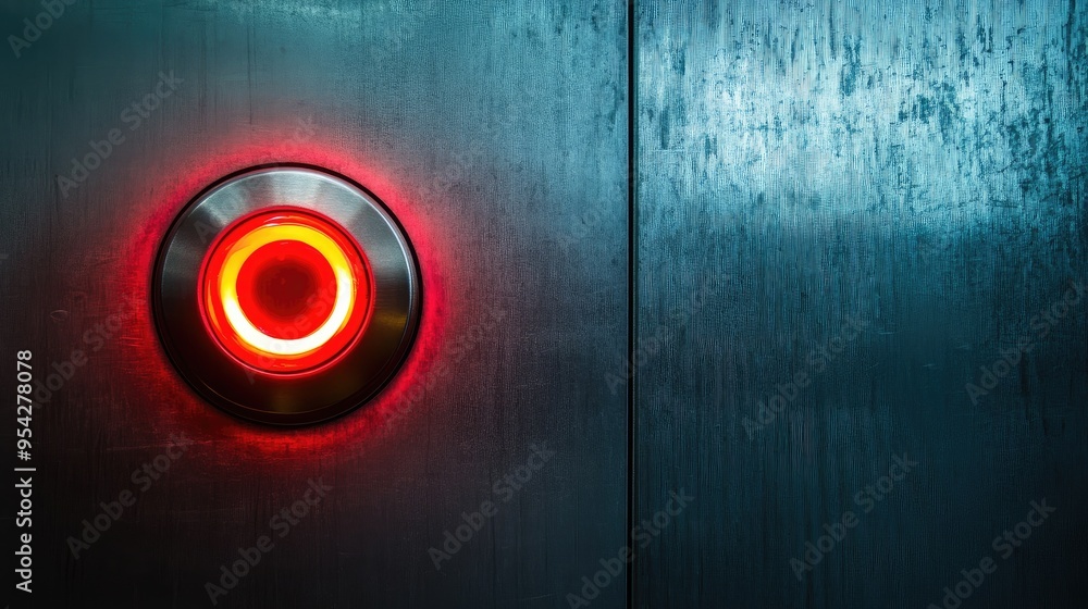 Close-up of a red emergency stop button with a glowing ring, mounted on a metallic surface, minimalistic background, no people Close-up of a red emergency stop button with a glowing ring, mounted on a metallic surface, minimalistic background, no people