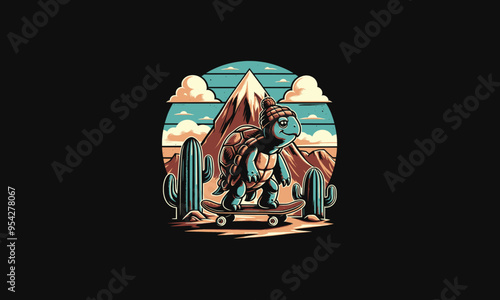 turtle  playing skateboard on cactus vector illustration flat design