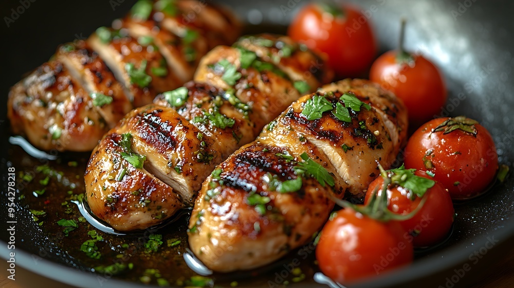 Close-up of grilled chicken breasts with cherry tomatoes and parsley in a skillet. Close-up of grilled chicken breasts with cherry tomatoes and parsley in a skillet.