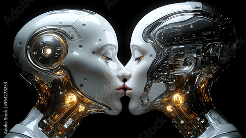 Two humanoid robots kiss wi...