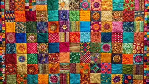 Vibrant eclectic quilt with mismatched square fabrics in bold colors, exuding a bohemian charm