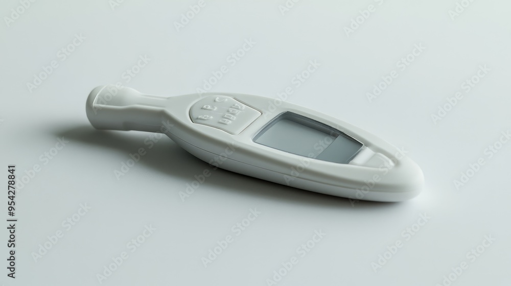 Detailed shot of a glucometer lancet device, showing the release button and needle cover, set against a plain background, no people Detailed shot of a glucometer lancet device, showing the release button and needle cover, set against a plain background, no people