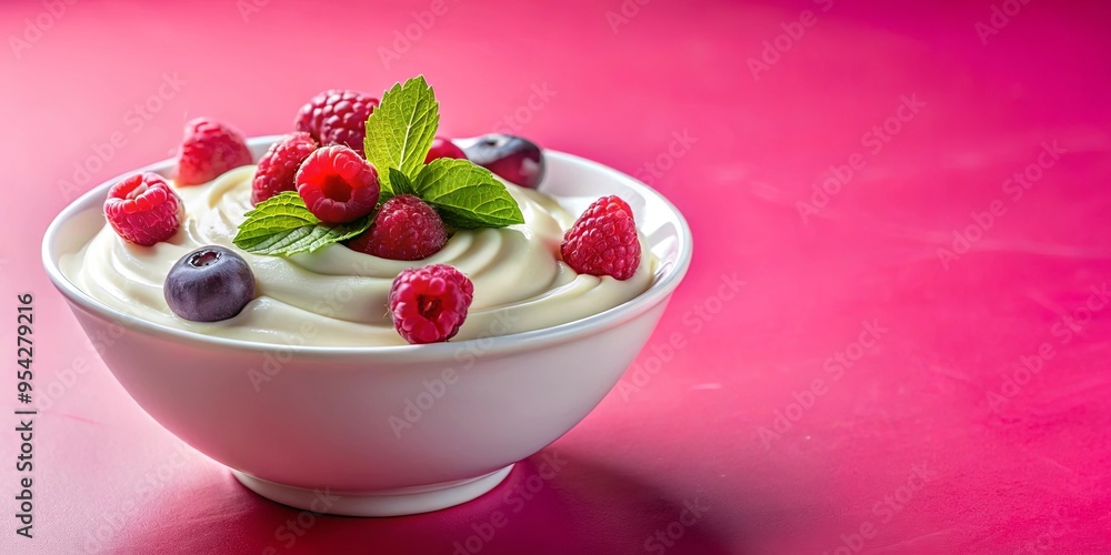 A bowl of creamy yogurt topped with fresh red berries on a vibrant pink background A bowl of creamy yogurt topped with fresh red berries on a vibrant pink background