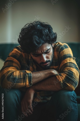 Sad depressed Indian man sitting in his living room, depression and loneliness, mental health concept. Vertical (2:3)