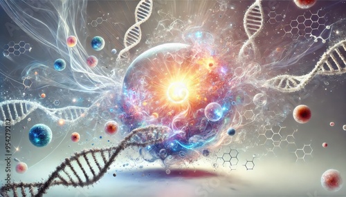 A highly detailed depiction of the creation of life, featuring swirling cosmic energies, DNA strands, and vibrant bursts of light, all set against a pure white background.