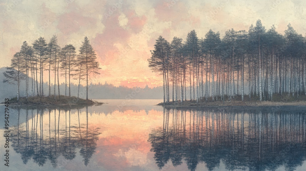 Obraz premium Tranquil Sunset Reflection on Still Lake with Twin Tree Lines