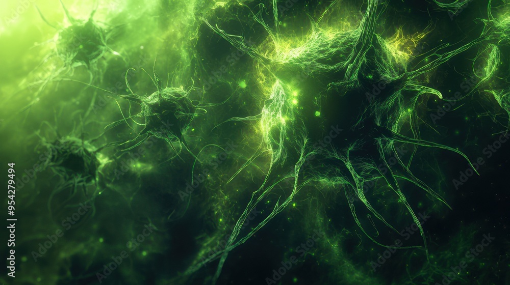 Deadly virus with complex, web-like tendrils glowing in an eerie green light, illustrating the microscopic menace of pathogens. Deadly virus with complex, web-like tendrils glowing in an eerie green light, illustrating the microscopic menace of pathogens.