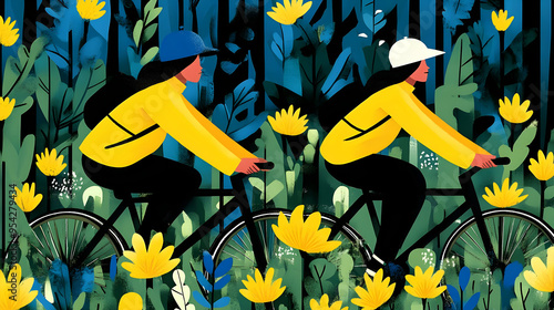 Two people ride bikes throu...