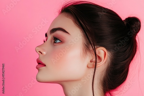 Beautiful young adult woman in profile with healthy shiny skin. Photo of gorgeous girl after morning beauty cosmetic routine finishes daily makeup on pink background. Youth and skin care concept , ai