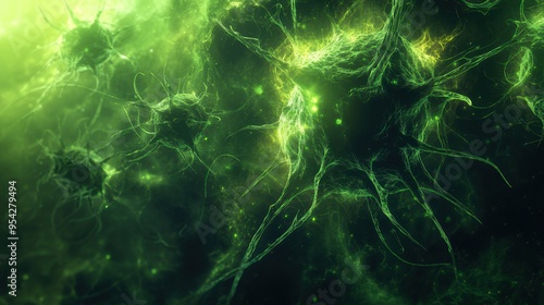 Deadly virus with complex, web-like tendrils glowing in an eerie green light, illustrating the microscopic menace of pathogens.