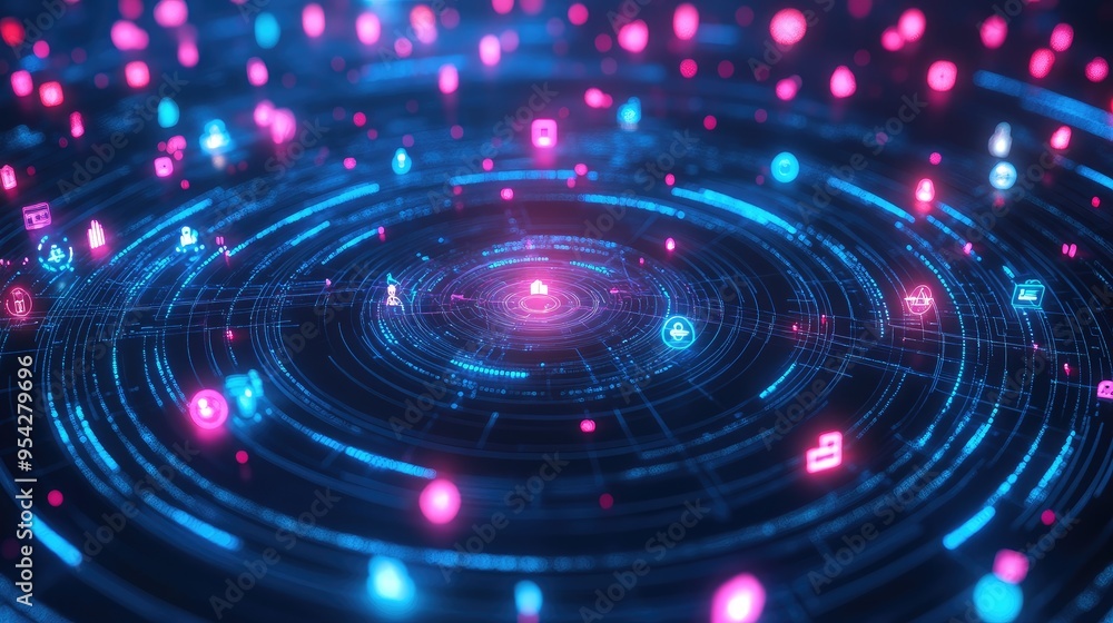 Glowing circular digital patterns with scattered icons, representing a vibrant online community, no people Glowing circular digital patterns with scattered icons, representing a vibrant online community, no people