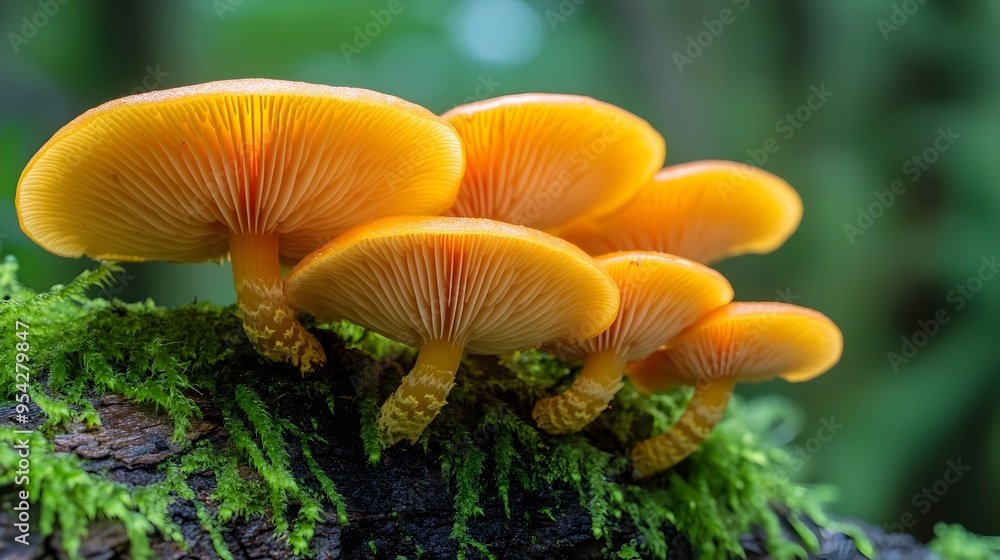 Close up of Orange Champagne Cup Mushrooms on Moss Covered Log in Peaceful Forest Close up of Orange Champagne Cup Mushrooms on Moss Covered Log in Peaceful Forest