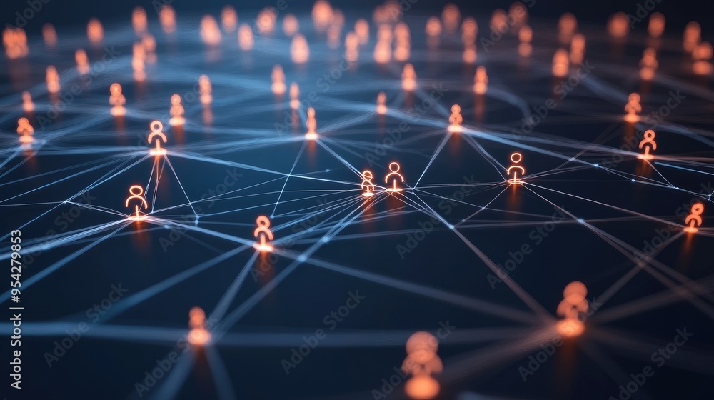 Graphic of interconnected digital nodes and glowing lines on a dark background, symbolizing a virtual group, no people Graphic of interconnected digital nodes and glowing lines on a dark background, symbolizing a virtual group, no people