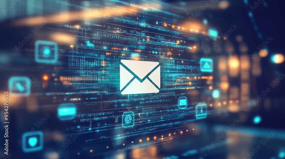 Obraz premium Graphic of an open email window with the send button highlighted, surrounded by digital icons, on a blurred background, no people