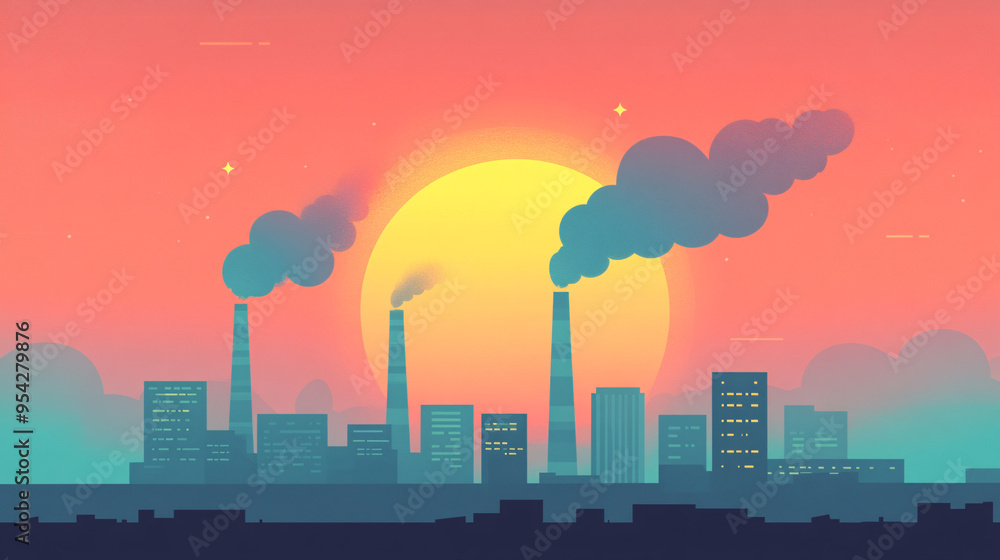 A vibrant sunset cityscape featuring factories and smokestacks, illustrating urban industry and environmental impact. A vibrant sunset cityscape featuring factories and smokestacks, illustrating urban industry and environmental impact.