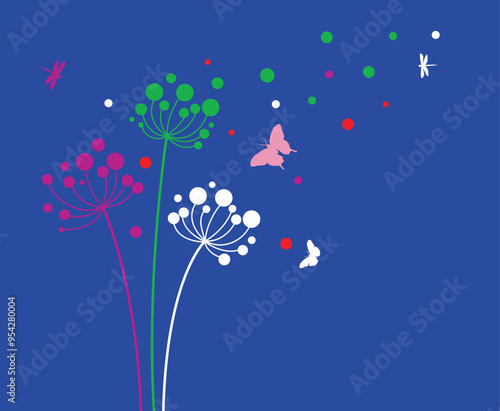 Wild flower dandelion in a vector style isolated. Vector flower for background, dandelion flying wall decal children's room 
