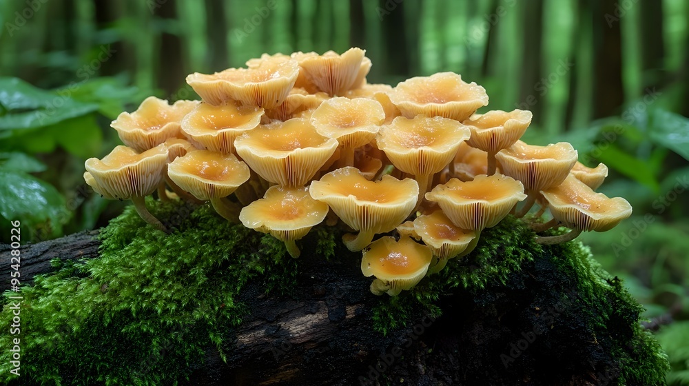 Clusters of Champagne Cup Mushrooms Growing on Moss Covered Log in Lush Forest Landscape Clusters of Champagne Cup Mushrooms Growing on Moss Covered Log in Lush Forest Landscape