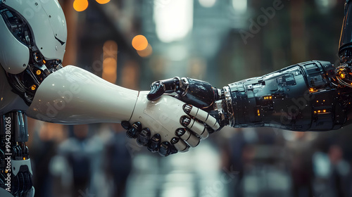 Two robotic arms shaking ha...