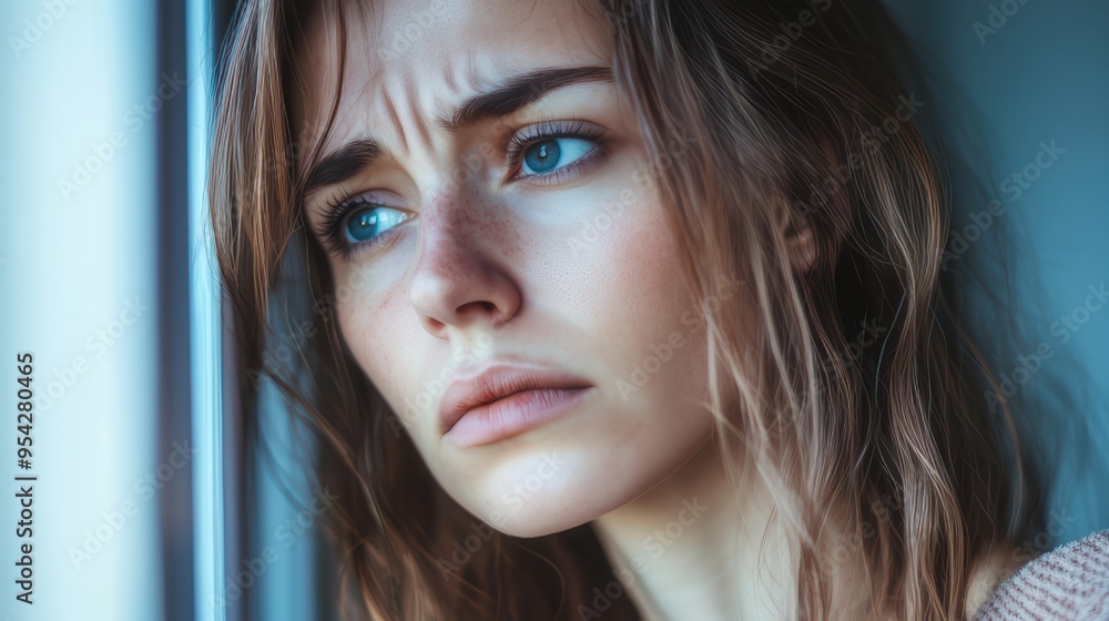 A close-up of a young woman with a pensive expression, gazing out of a window with sadness and contemplation, capturing a moment of emotional introspection. A close-up of a young woman with a pensive expression, gazing out of a window with sadness and contemplation, capturing a moment of emotional introspection.