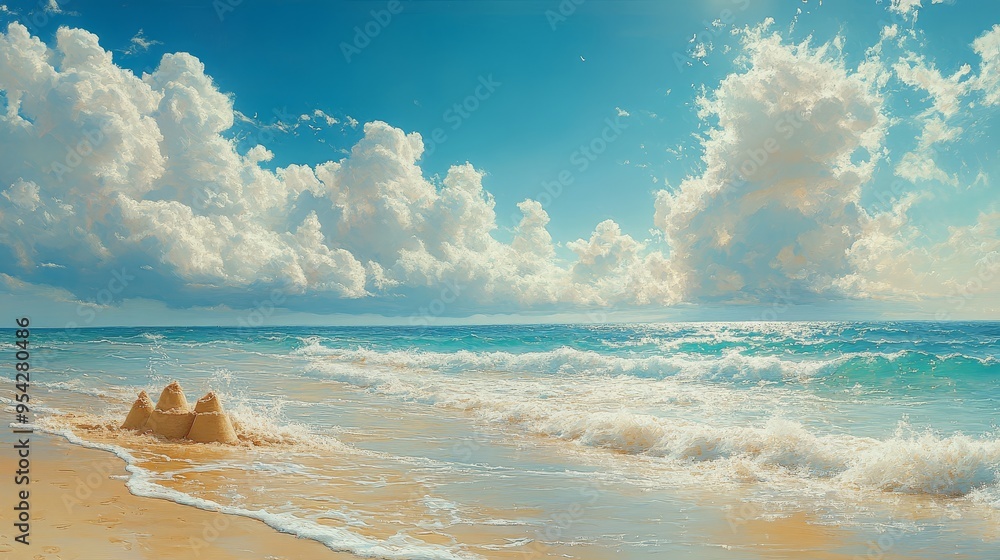 Ocean Beach with Sandcastle and Blue Sky Ocean Beach with Sandcastle and Blue Sky