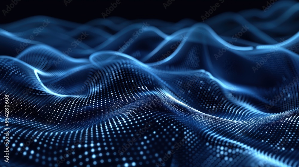Fototapeta premium A digital representation of flowing waves with a blue color scheme and dotted patterns.