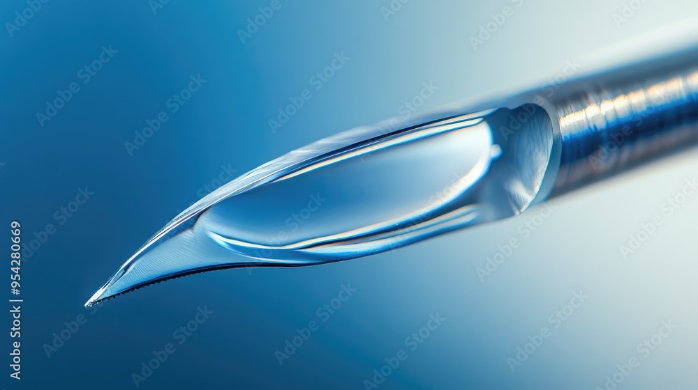 Macro image of a laryngoscope blade, with a sterile cover and focus on the curve and light source, no people Macro image of a laryngoscope blade, with a sterile cover and focus on the curve and light source, no people