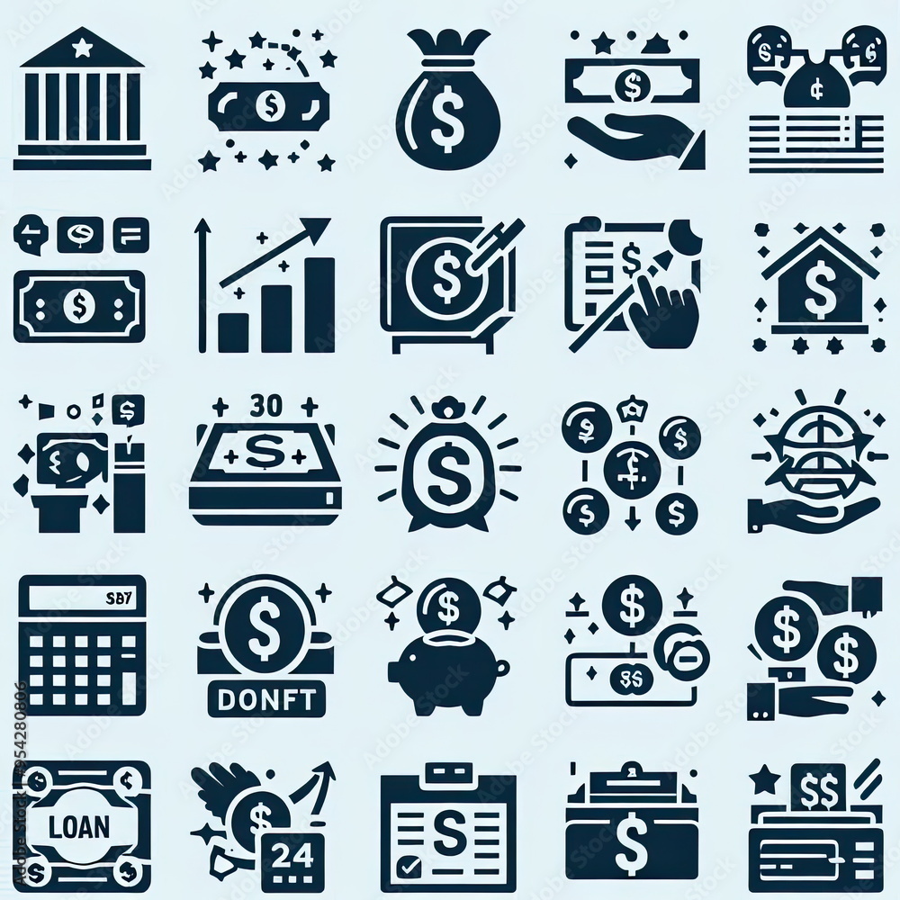 Finance icon set. Containing loan, cash, saving, financial goal, profit, budget, mutual fund, earning money and revenue icons. Solid icons collection, background, banner, card, poster, template, eleg Finance icon set. Containing loan, cash, saving, financial goal, profit, budget, mutual fund, earning money and revenue icons. Solid icons collection, background, banner, card, poster, template, eleg