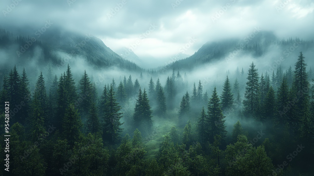 Misty Mountain Forest Landscape with Pine Trees Misty Mountain Forest Landscape with Pine Trees