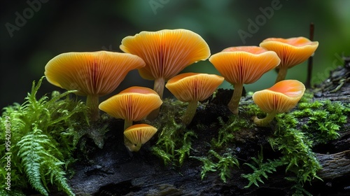 Vibrant Champagne Cup Mushrooms Growing on Decaying Log with Lush Ferns and Moss Nearby