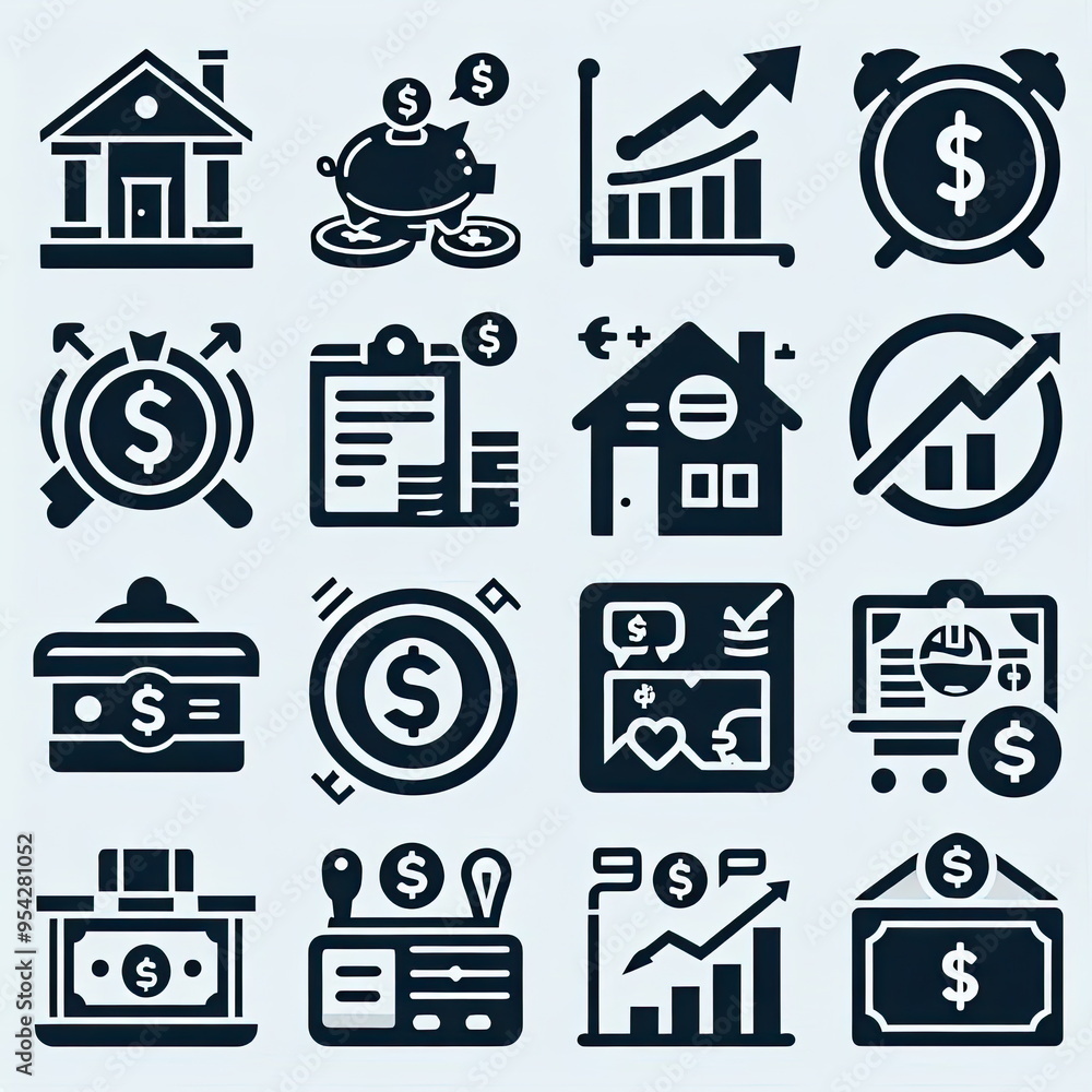 Finance icon set. Containing loan, cash, saving, financial goal, profit, budget, mutual fund, earning money and revenue icons. Solid icons collection, background, banner, card, poster, template, eleg Finance icon set. Containing loan, cash, saving, financial goal, profit, budget, mutual fund, earning money and revenue icons. Solid icons collection, background, banner, card, poster, template, eleg