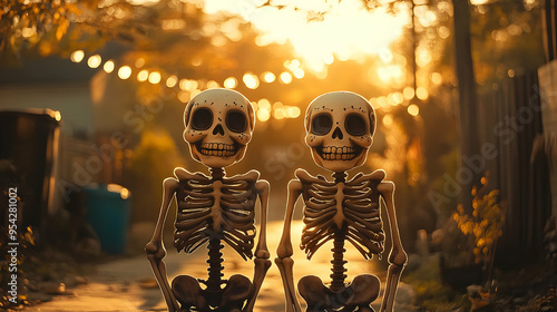 Two skeletons stand side by...