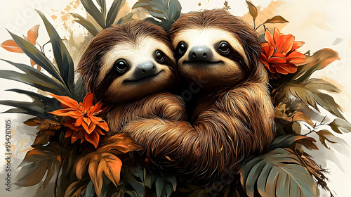 Two sloths hugging in a tro...