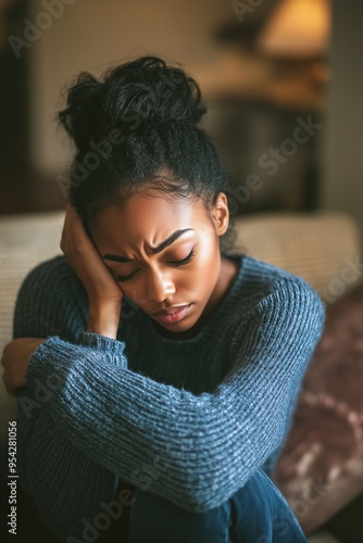 Sad depressed black woman sitting in her living room, depression and loneliness, mental health concept. Vertical (2:3)