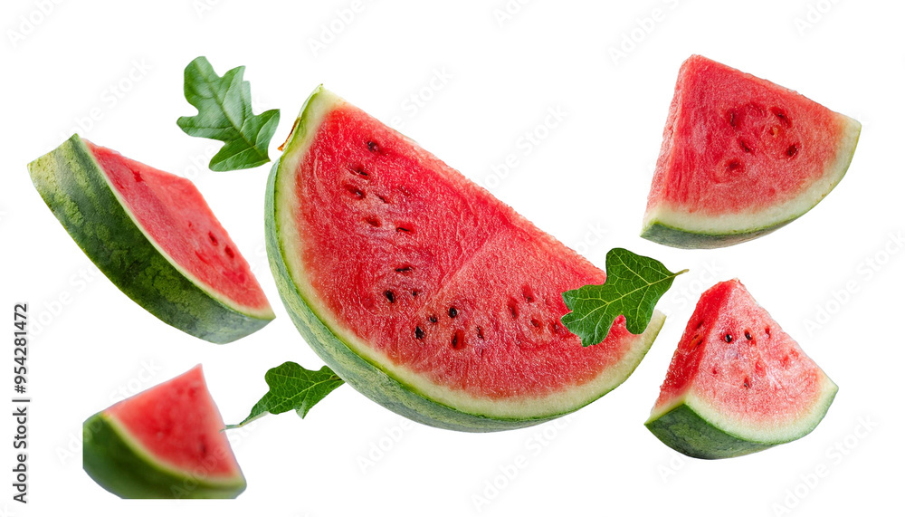 falling watermelons with slice on white background falling watermelons with slice on white background
