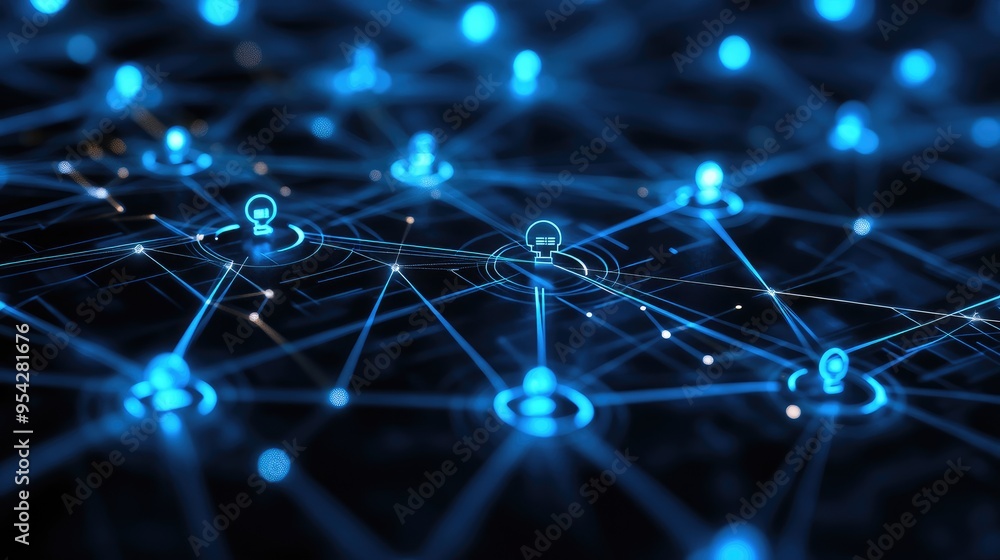 Representation of digital communities using glowing circles and lines on a dark background, no people Representation of digital communities using glowing circles and lines on a dark background, no people