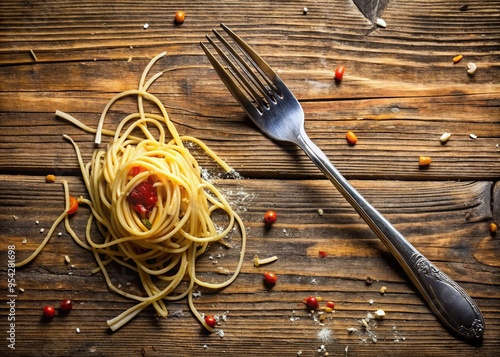 A lonely, gleaming stainless steel fork lies on a distressed wood table, surrounded by scattered spaghetti strands, sauce stains, and remnants of a satisfying meal.