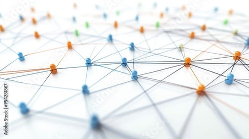 Virtual network diagram with interconnected nodes on a white background, representing an online community, no people