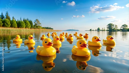 Fleet of yellow rubber ducks floating peacefully on a serene lake photo