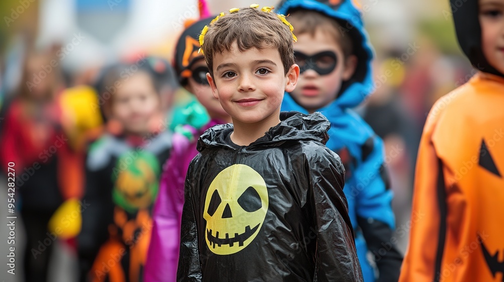 A Halloween costume parade at a school, with kids proudly showing off their outfits. A Halloween costume parade at a school, with kids proudly showing off their outfits.
