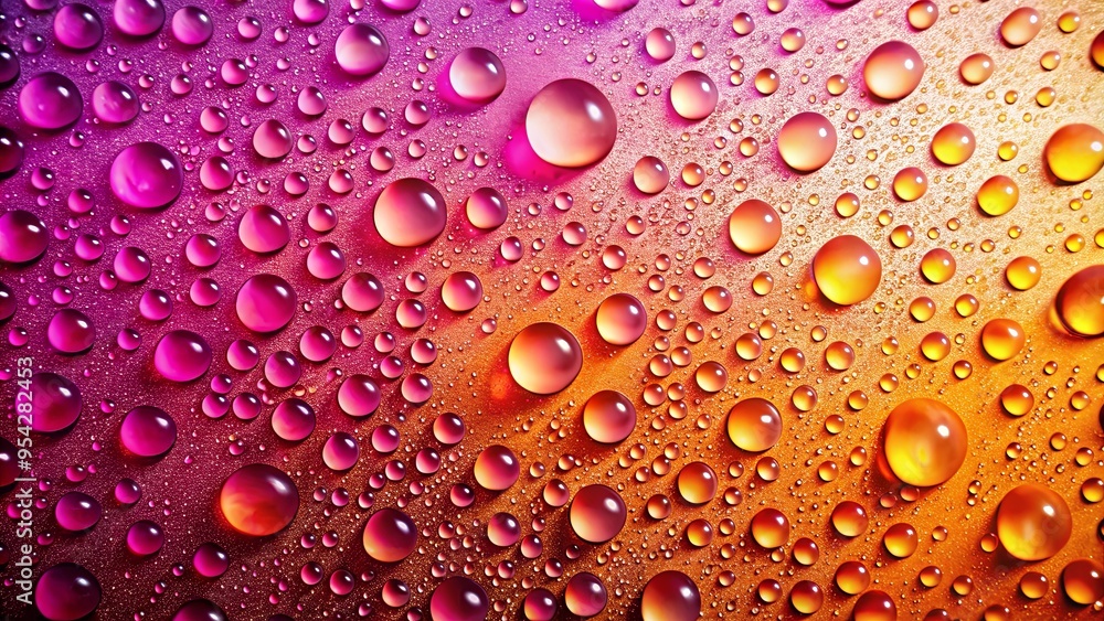 Water droplets on a vibrant pink and orange background, creating a colorful and refreshing image for designs
