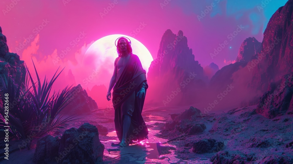Obraz premium Jesus as a shepherd in a futuristic desert