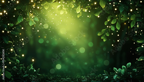 A serene forest background filled with lush greenery, dappled sunlight, and soft glowing orbs, perfect for nature-themed designs.