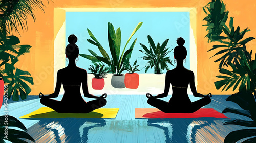 Two women sit in a yoga pos...