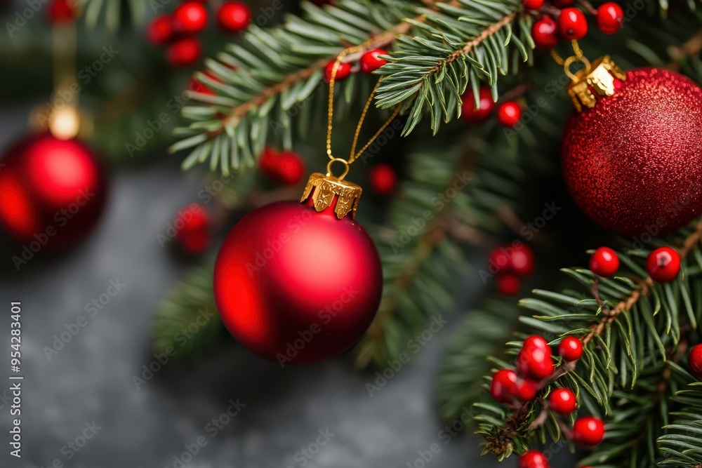 Obraz premium Elegant red Christmas ornaments hang from fresh pine branches, enhancing the festive holiday spirit and winter decor atmosphere.