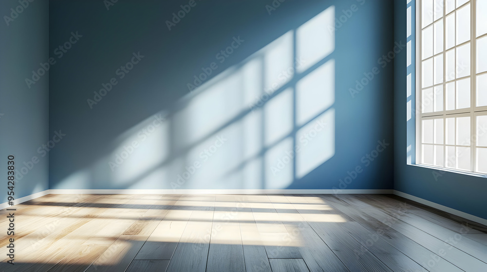 Empty Room with Blue Wall Wooden Floor and Window Light Empty Room with Blue Wall Wooden Floor and Window Light