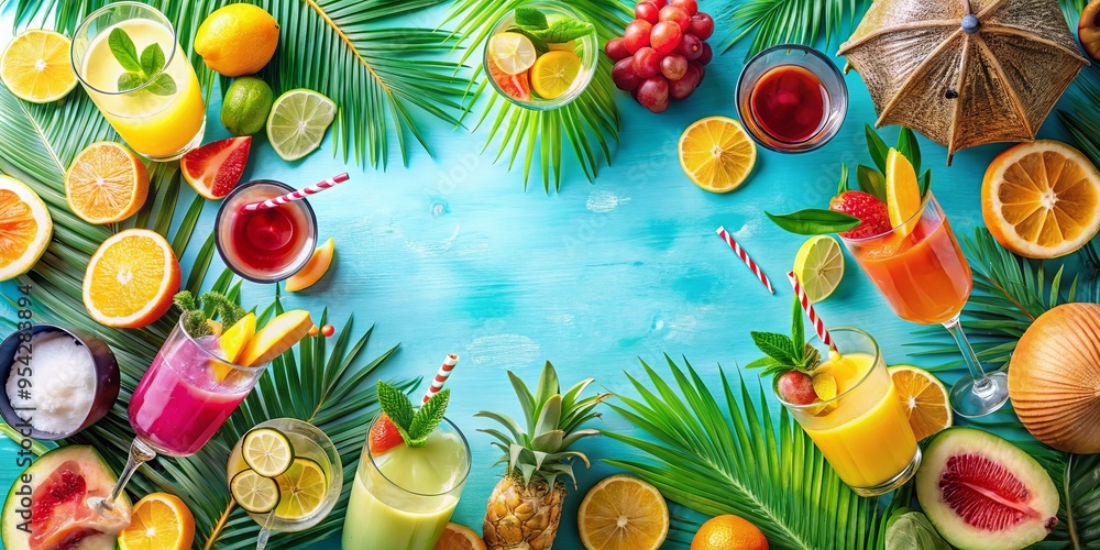 Vibrant tropical summer background with cocktails, umbrellas, fruits, and greenery creating an exotic vacation vibe Vibrant tropical summer background with cocktails, umbrellas, fruits, and greenery creating an exotic vacation vibe
