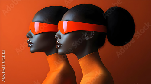 Two women with orange sunglasses and orange turtleneck sweaters, on an orange background. photo