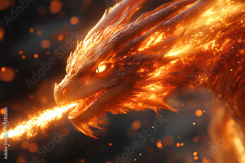 Fototapeta fire dragon spits fire