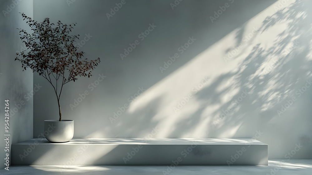 Obraz premium Minimalist Concrete Platform with Plant and Sunlight Shadows