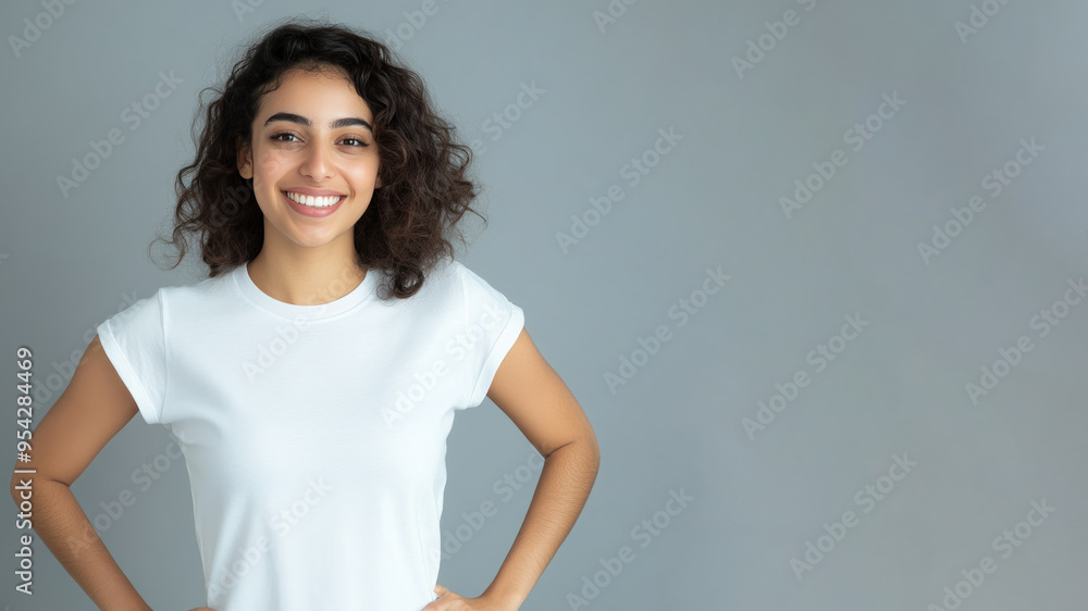 Arabian woman smile hands on hips wearing white t-shirt isolated on gray Arabian woman smile hands on hips wearing white t-shirt isolated on gray